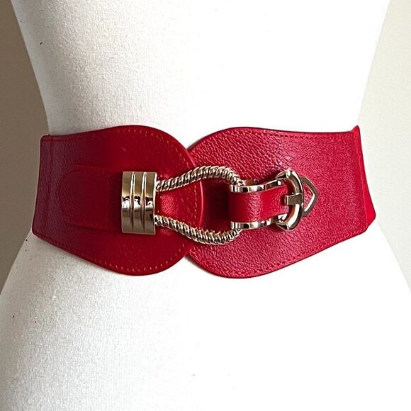 Wide Stretch Waist Belt – Red with Gold Clasp | Size: S/M/L - Picture 2 of 6